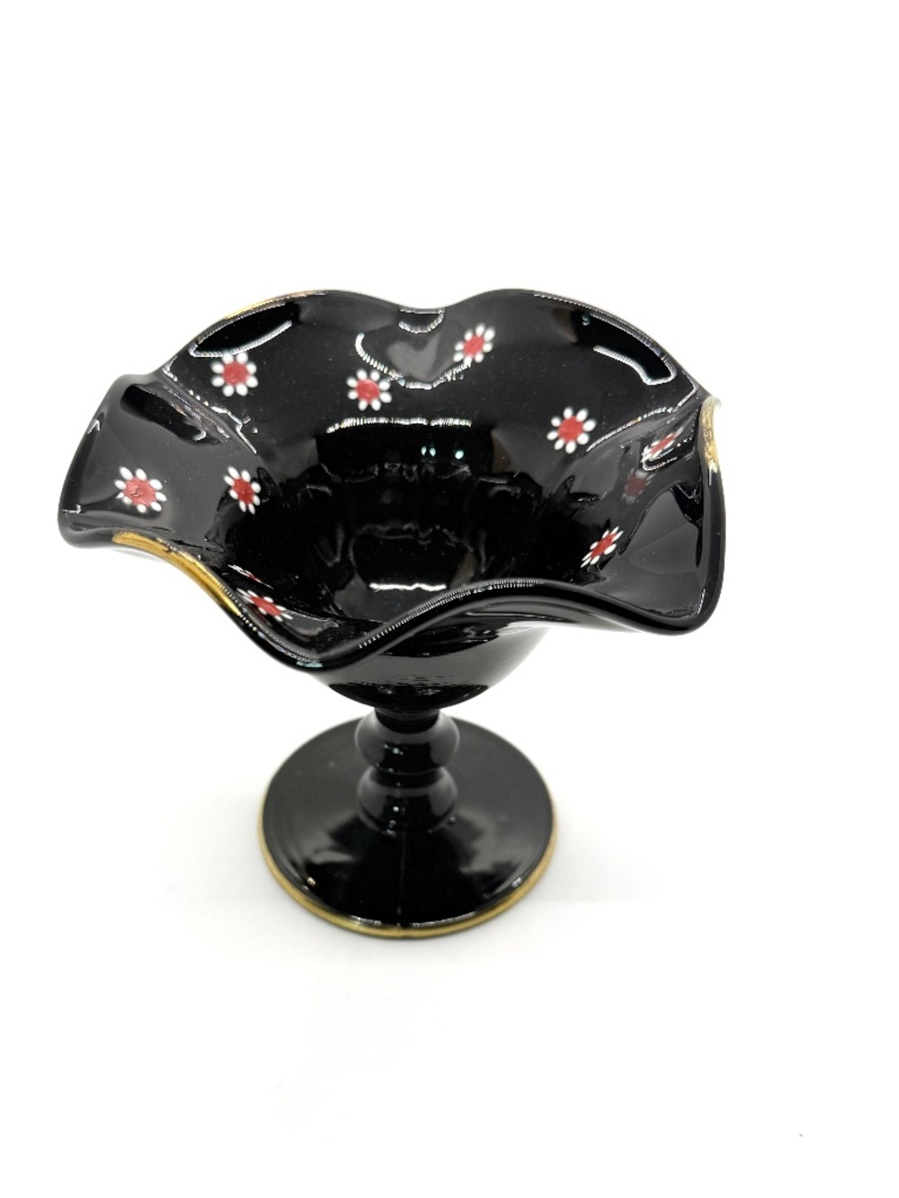 1930's Imperial Glass Cosmos Black Glass Compote with Daisy Pattern